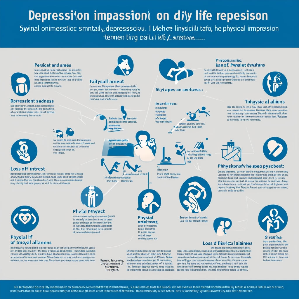 우울증이 일상 생활에 미치는 다양한 영향을 시각적으로 나타낸 인포그래픽. 지속적인 슬픔, 피로, 흥미 상실, 신체적 질병과 같은 증상을 아이콘과 간략한 설명으로 표현하여 우울증의 전반적인 영향을 명확하게 전달합니다.